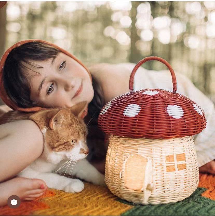 Red Rattan Mushroom Basket Bag - Floral Fawna