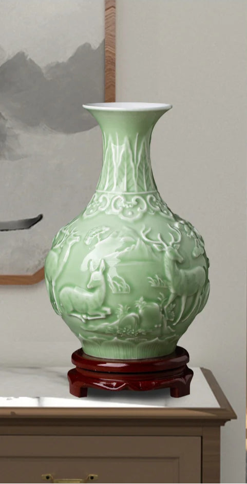 Ceramic Patterned Green Vase - Floral Fawna
