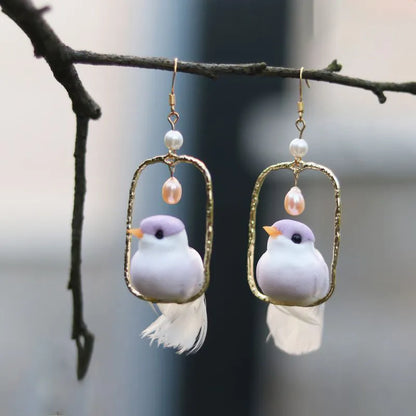 3D Bird on Perch Dangle Earrings - Floral Fawna