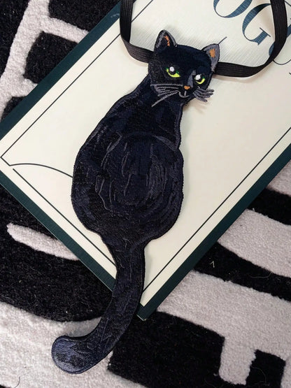 Embroidered Black Cat Tie - Floral Fawna