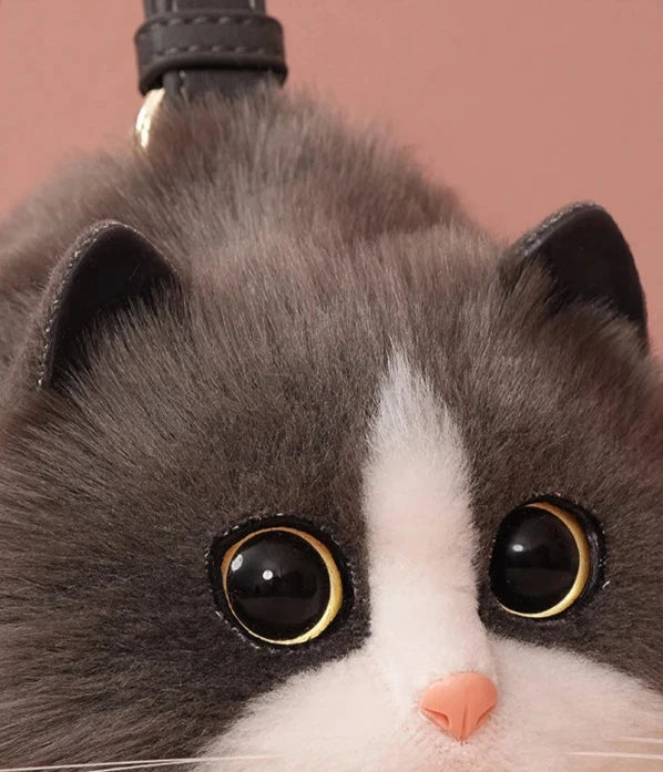 Realistic Grey and White Faux Fur Cat Bag