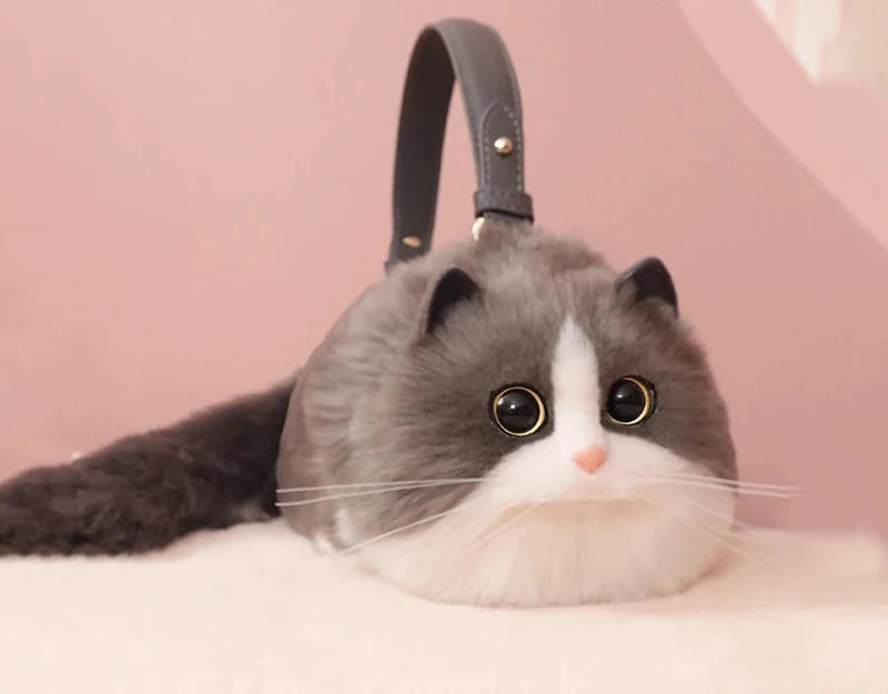 Realistic Grey and White Faux Fur Cat Bag - Floral Fawna