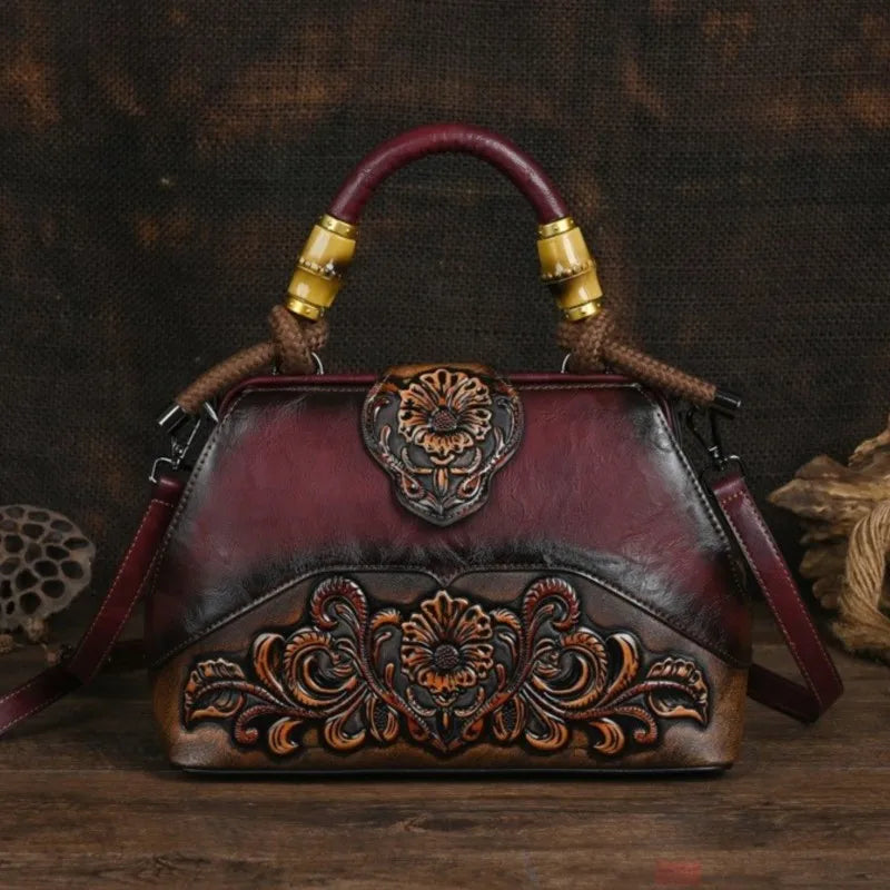 Leather Floral Carved Crossbody Bag - Floral Fawna