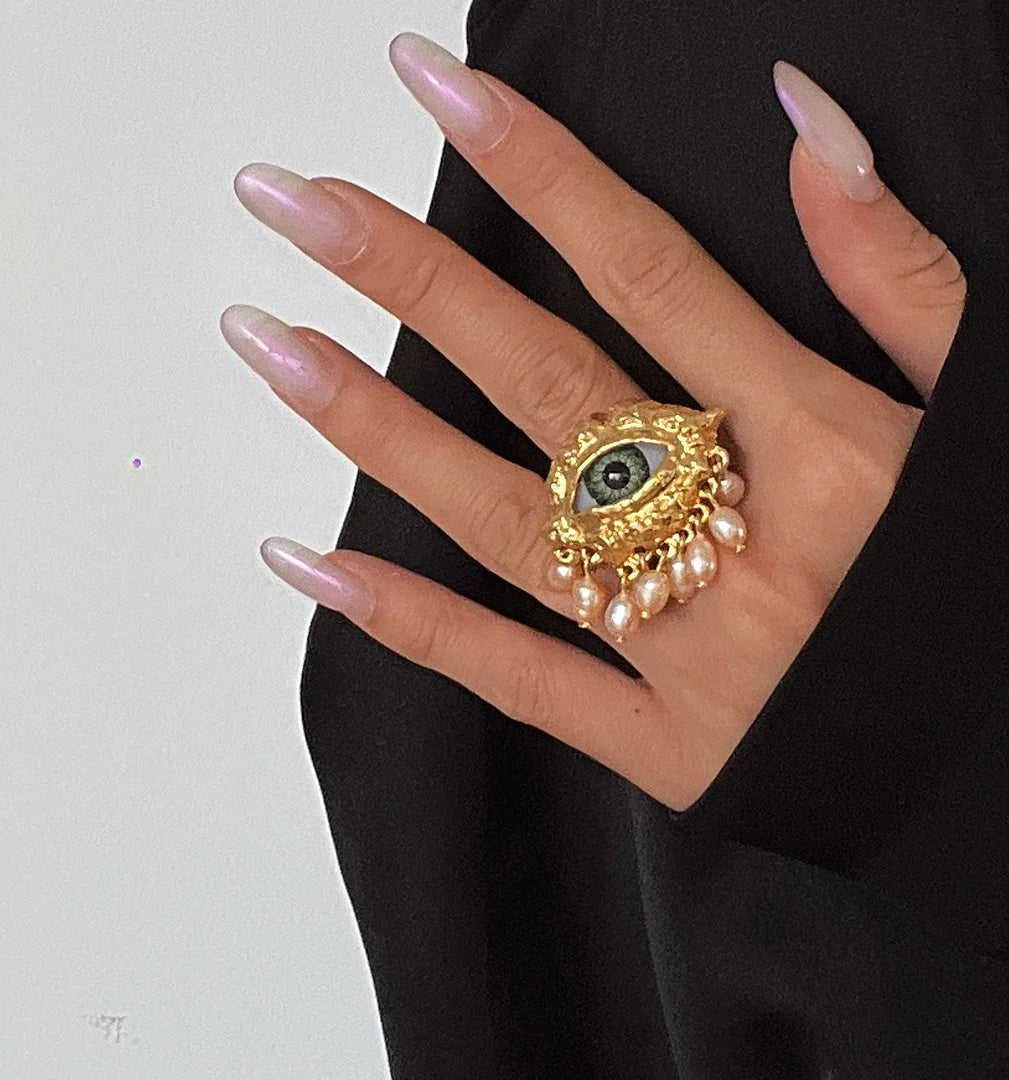 Statement Gold Eye Tassel Ring - Floral Fawna