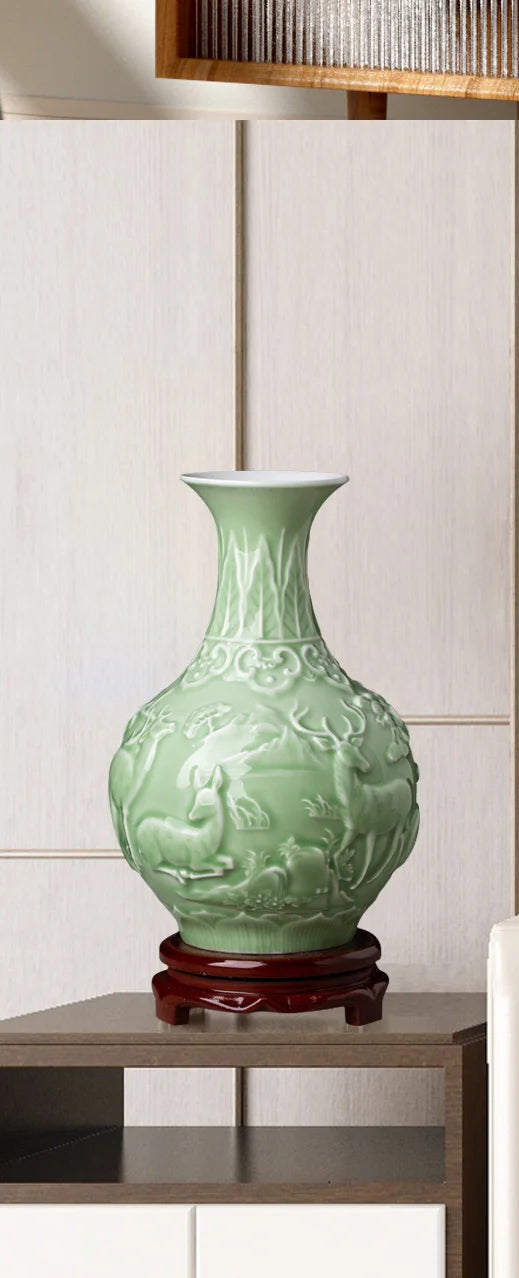 Ceramic Patterned Green Vase - Floral Fawna