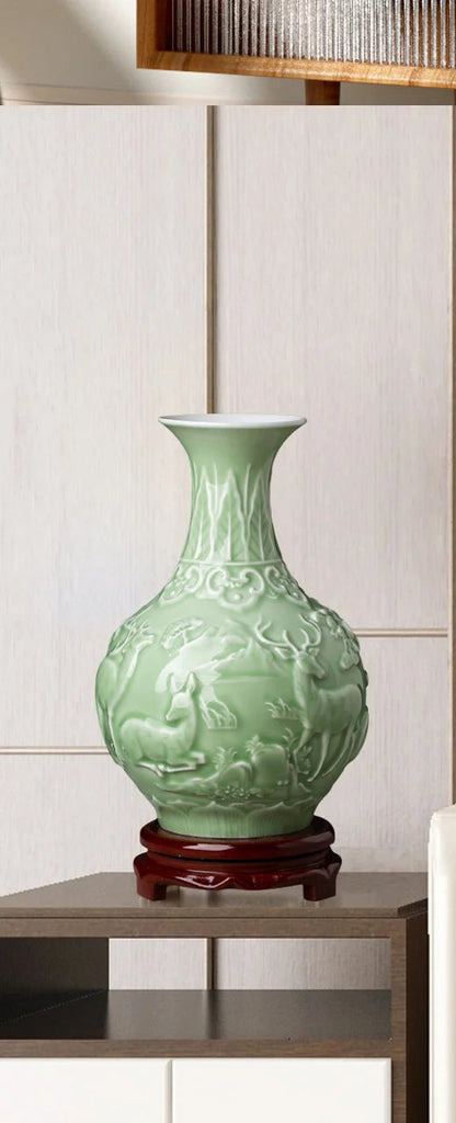 Ceramic Patterned Green Vase - Floral Fawna