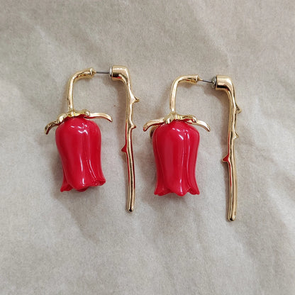 Dangle Red Tulip Earrings