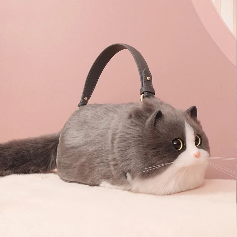 Realistic Grey and White Faux Fur Cat Bag