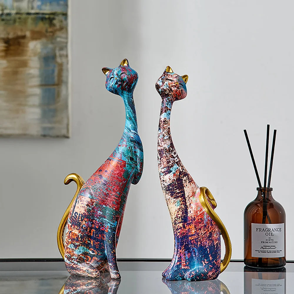 2 Pcs Oil Painted Cat Sculptures - Floral Fawna