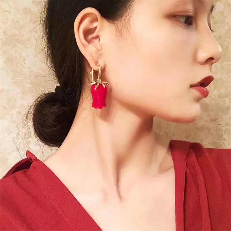 Dangle Red Tulip Earrings