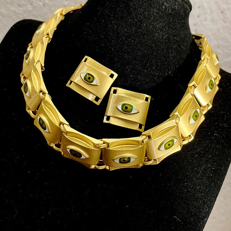 Gold Square Eye Necklace &amp; Earrings Set