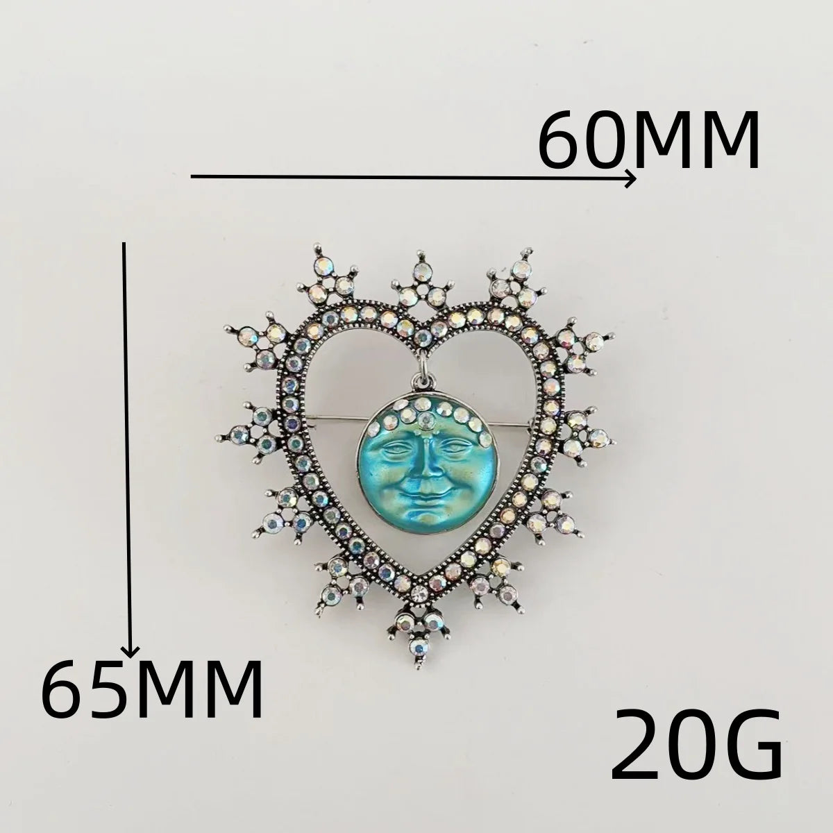 Rhinestone Heart &amp; Moon Face Brooch - Floral Fawna