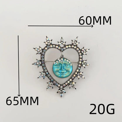 Rhinestone Heart &amp; Moon Face Brooch - Floral Fawna