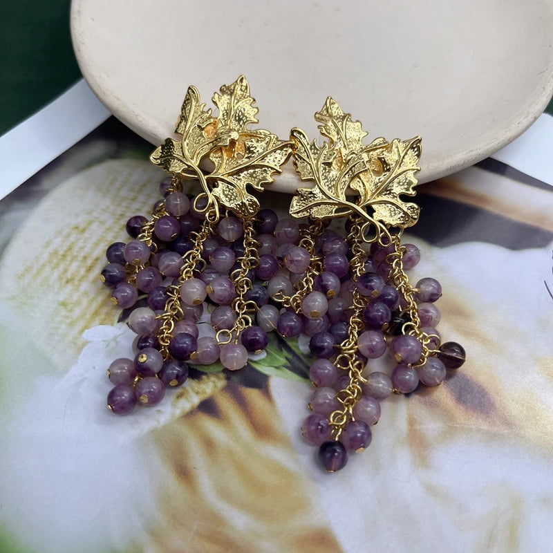 Grape &amp; Gold Leaf Tassel Earrings - Floral Fawna