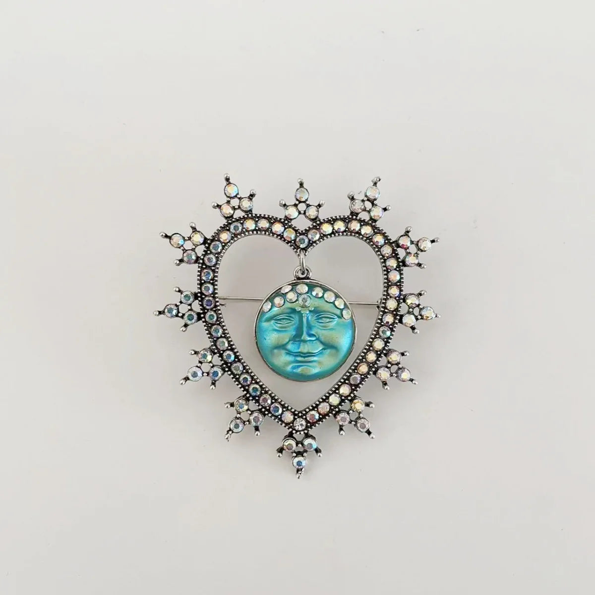 Rhinestone Heart &amp; Moon Face Brooch - Floral Fawna