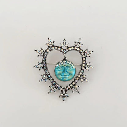 Rhinestone Heart &amp; Moon Face Brooch - Floral Fawna