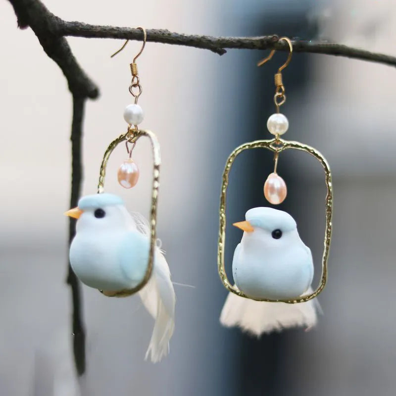 3D Bird on Perch Dangle Earrings - Floral Fawna