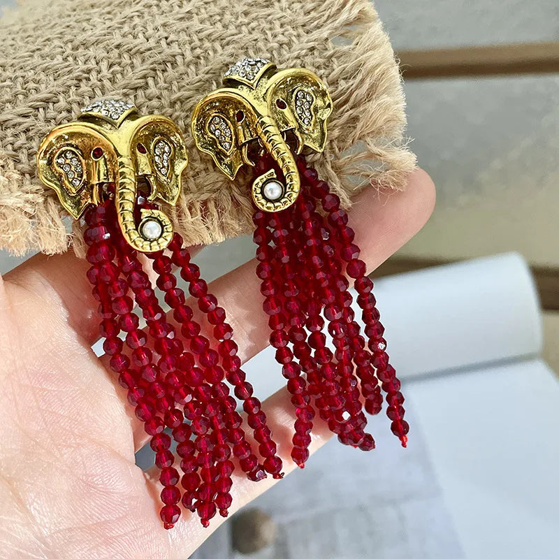 Gold Elephant Tassel Earrings