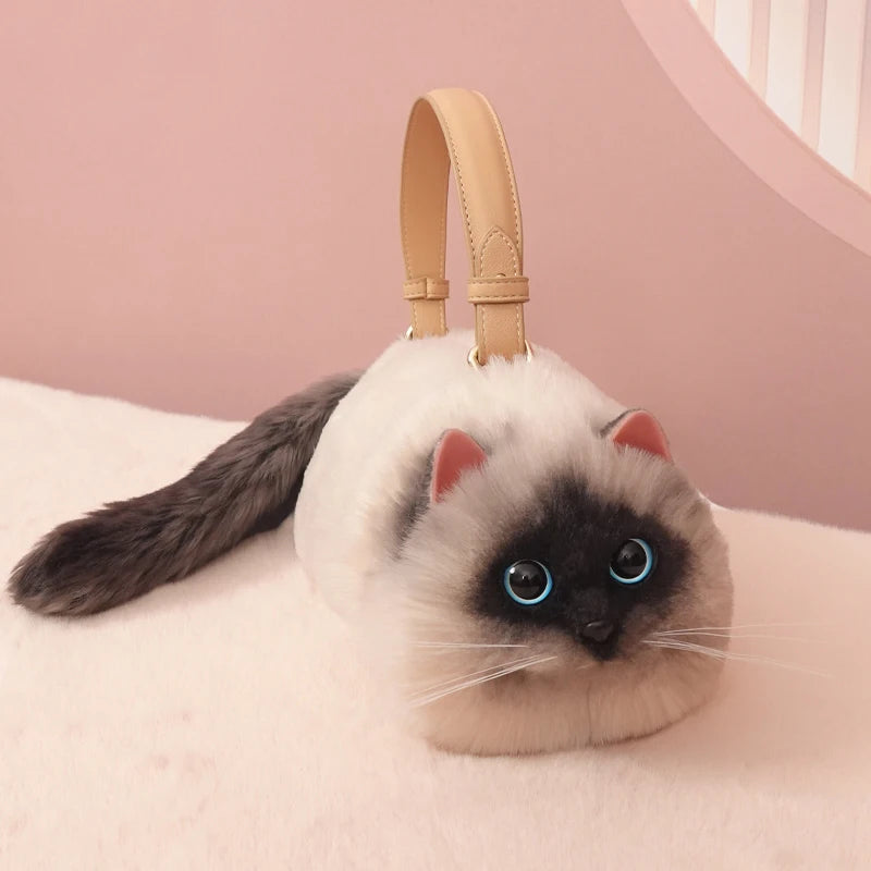 Realistic Faux Fur Siamese Cat Bag