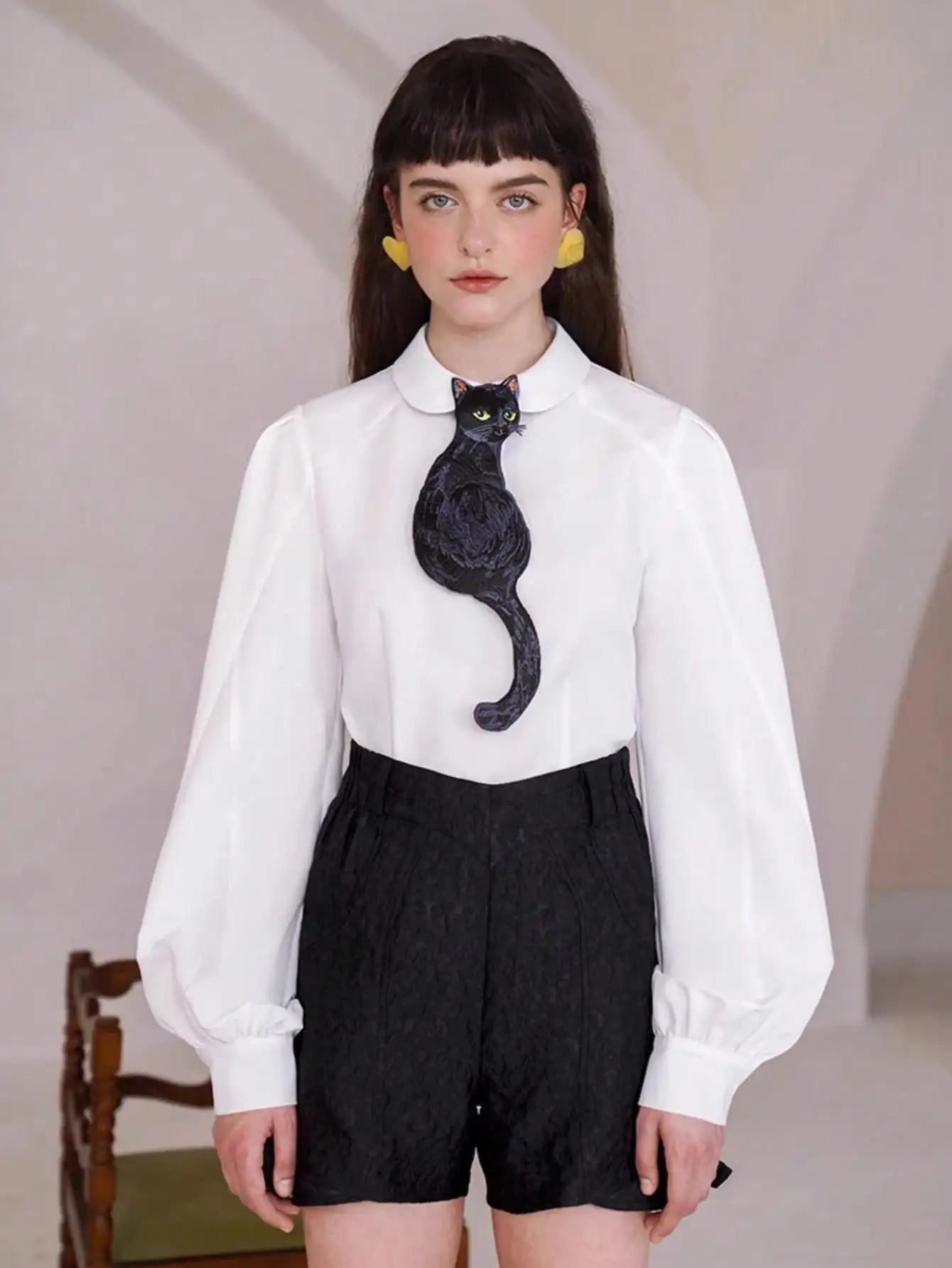 Embroidered Black Cat Tie - Floral Fawna