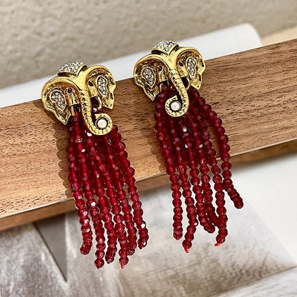 Gold Elephant Tassel Earrings