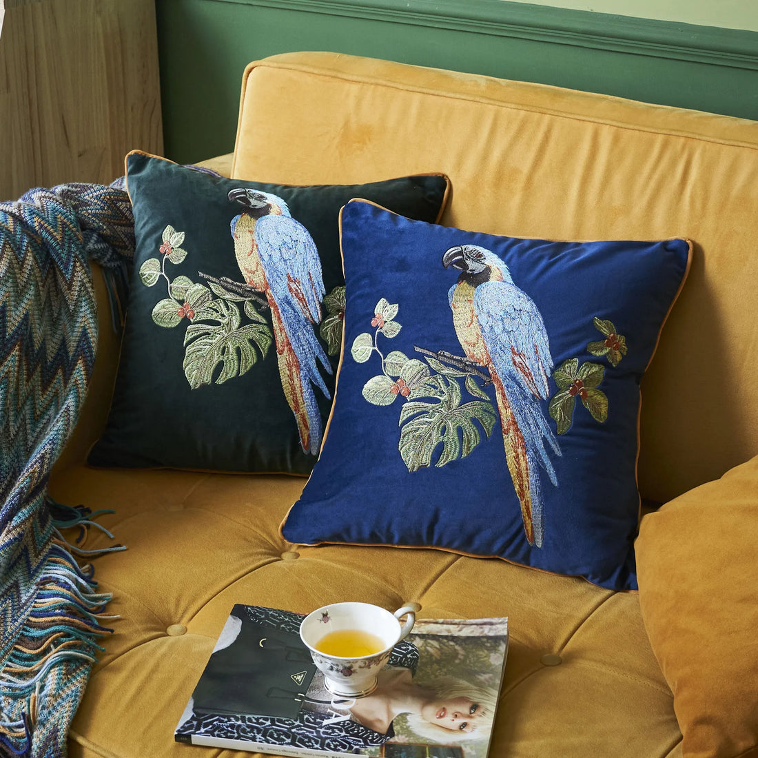 Embroidered Parrot Pillow Case - Floral Fawna