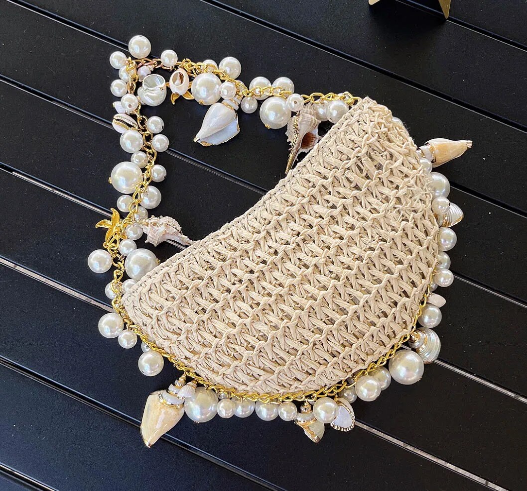 Straw Pearl and Shell Handbag - Floral Fawna