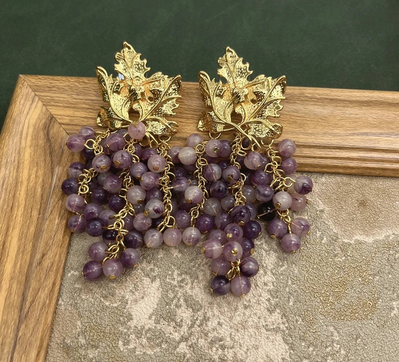 Grape &amp; Gold Leaf Tassel Earrings - Floral Fawna