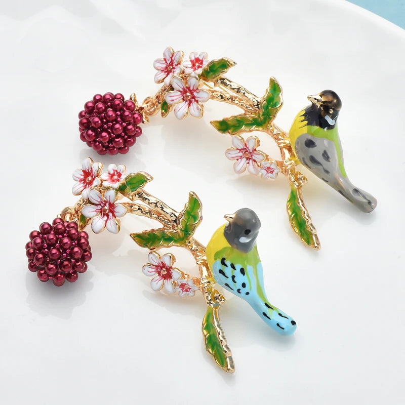 Bird, Raspberry, and Flower Branch Brooch - Floral Fawna