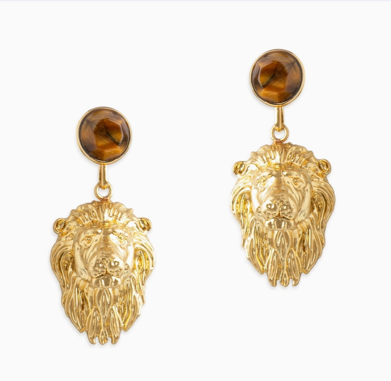 Lion Head and Tigers Eye Drop Earrings
