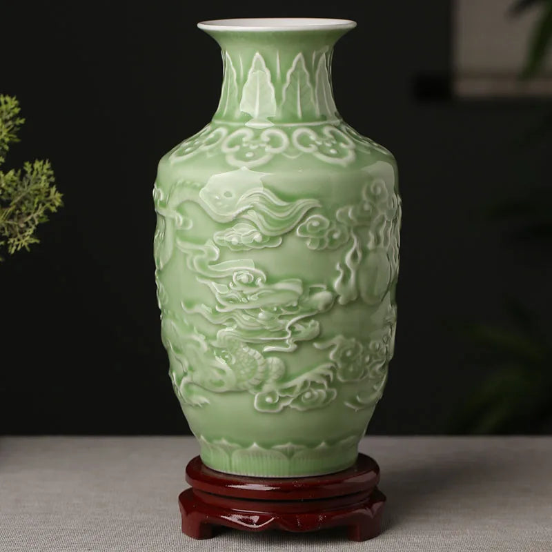 Ceramic Patterned Green Vase - Floral Fawna