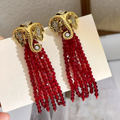 Gold Elephant Tassel Earrings