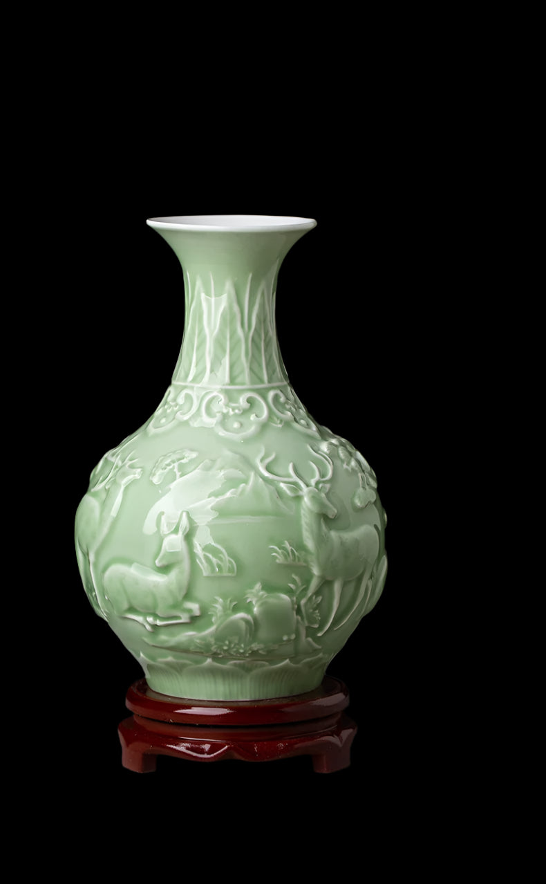 Ceramic Patterned Green Vase - Floral Fawna