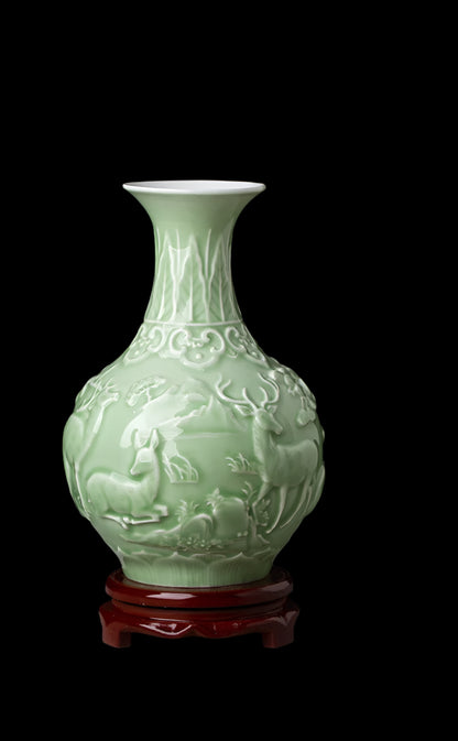 Ceramic Patterned Green Vase - Floral Fawna