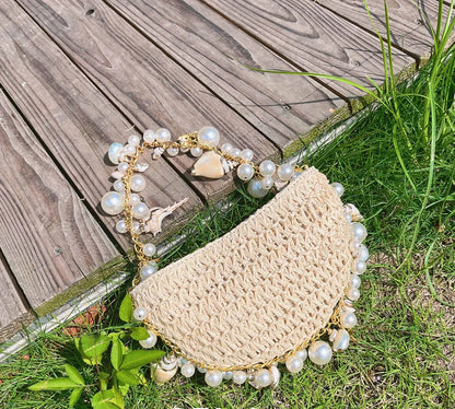 Straw Pearl and Shell Handbag - Floral Fawna