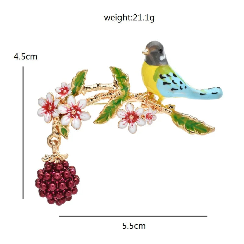 Bird, Raspberry, and Flower Branch Brooch - Floral Fawna