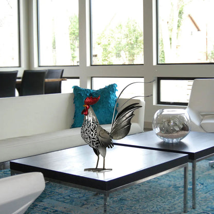 Metal Rooster Sculpture - Floral Fawna