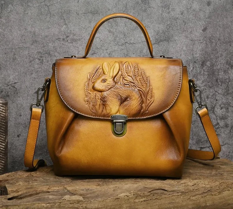 Rabbit Embossed Leather Shoulder Bag - Floral Fawna