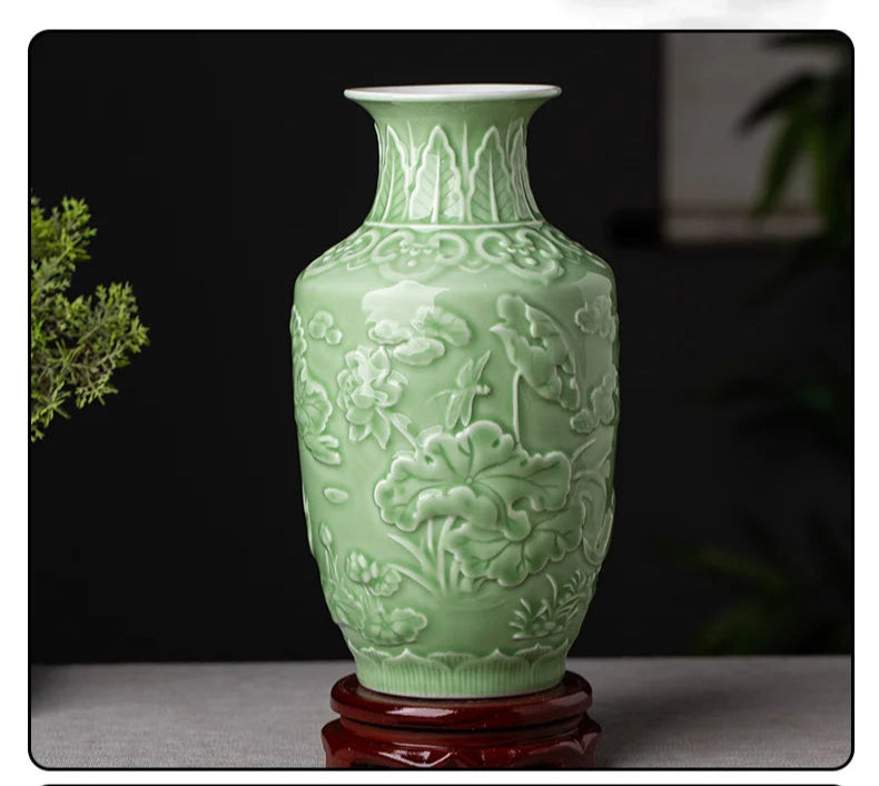 Ceramic Patterned Green Vase - Floral Fawna
