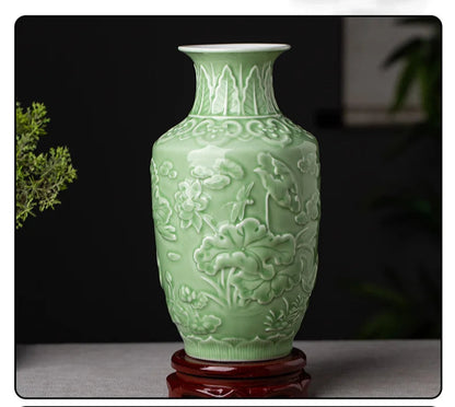 Ceramic Patterned Green Vase - Floral Fawna
