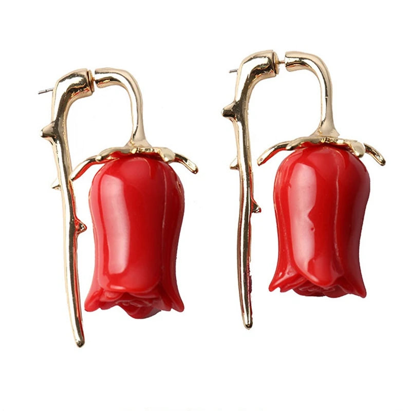 Dangle Red Tulip Earrings