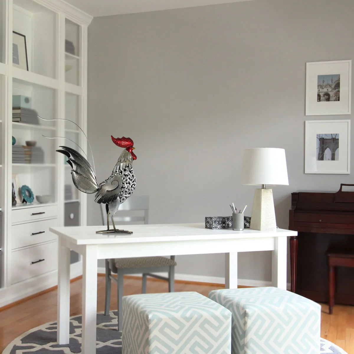 Metal Rooster Sculpture - Floral Fawna