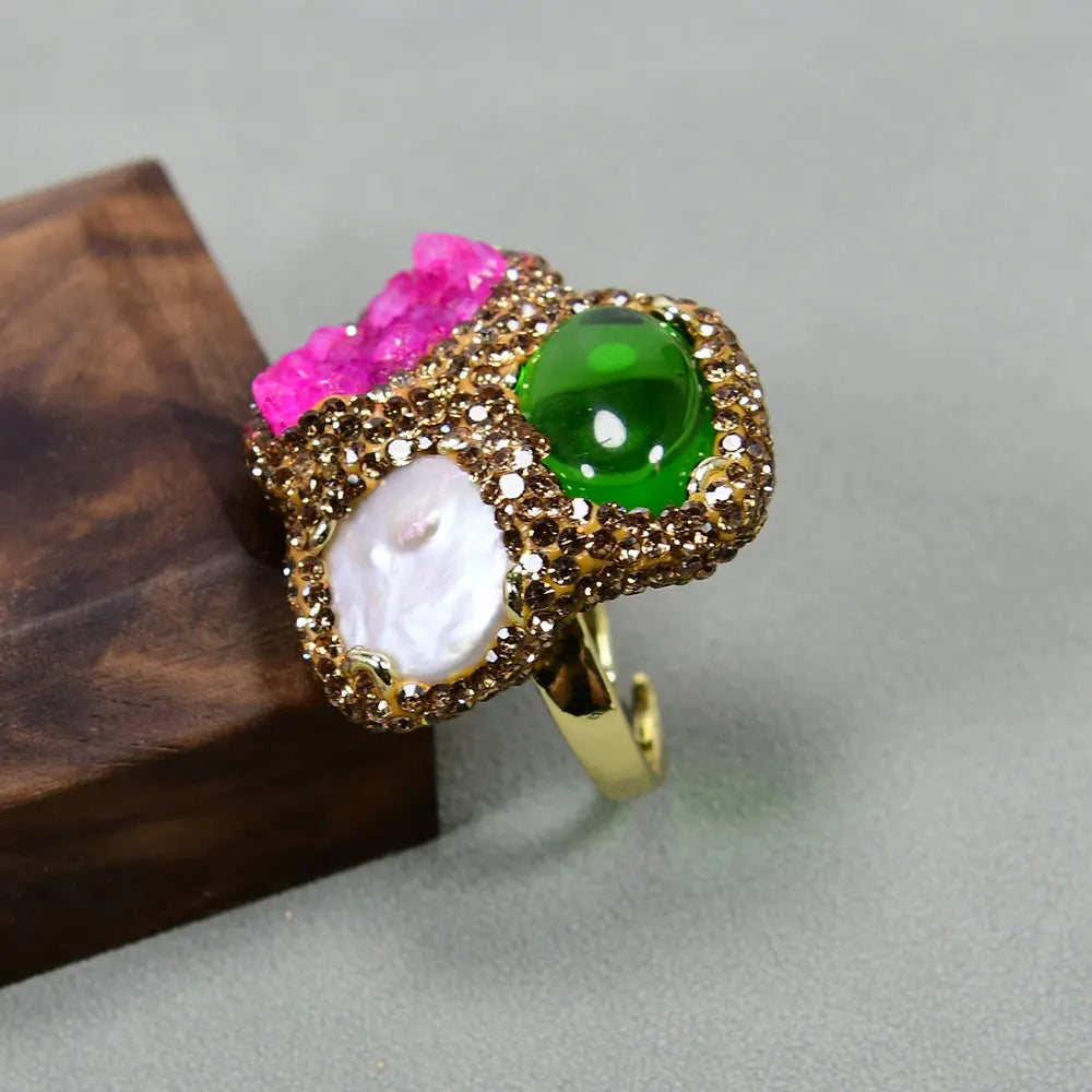 Pearl &amp; Agate Druzy Ring - Floral Fawna