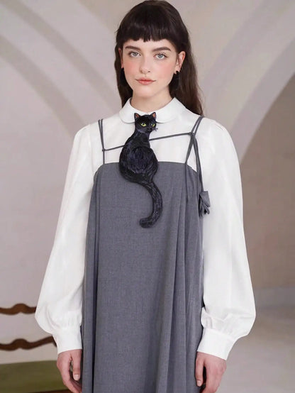 Embroidered Black Cat Tie - Floral Fawna