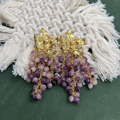 Grape &amp; Gold Leaf Tassel Earrings - Floral Fawna