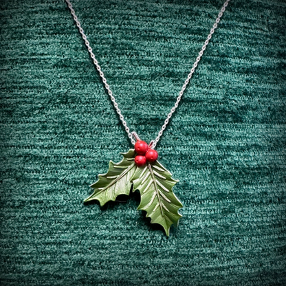 Silver Plated Holly &amp; Berries Christmas Necklace