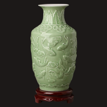 Ceramic Patterned Green Vase - Floral Fawna