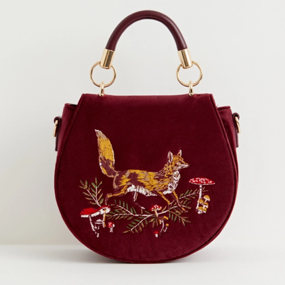 Fox &amp; Mushroom Embroidered Velvet Saddle Purse