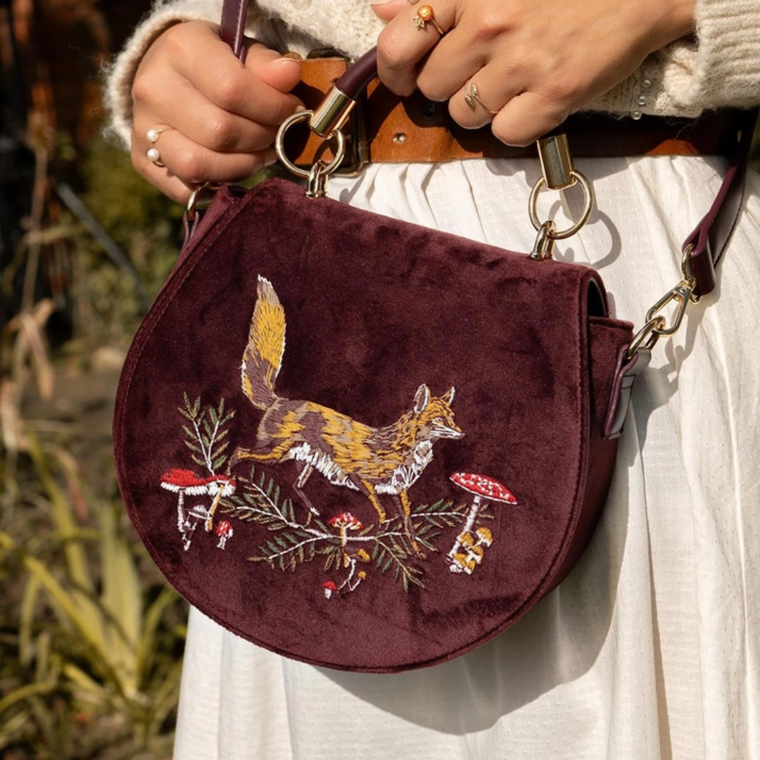 Fox & Mushroom Embroidered Velvet Saddle Purse