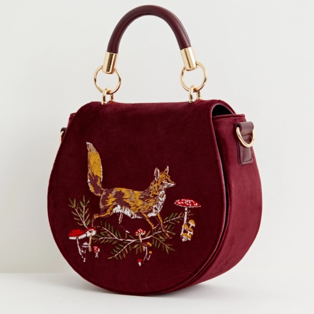 Fox &amp; Mushroom Embroidered Velvet Saddle Purse